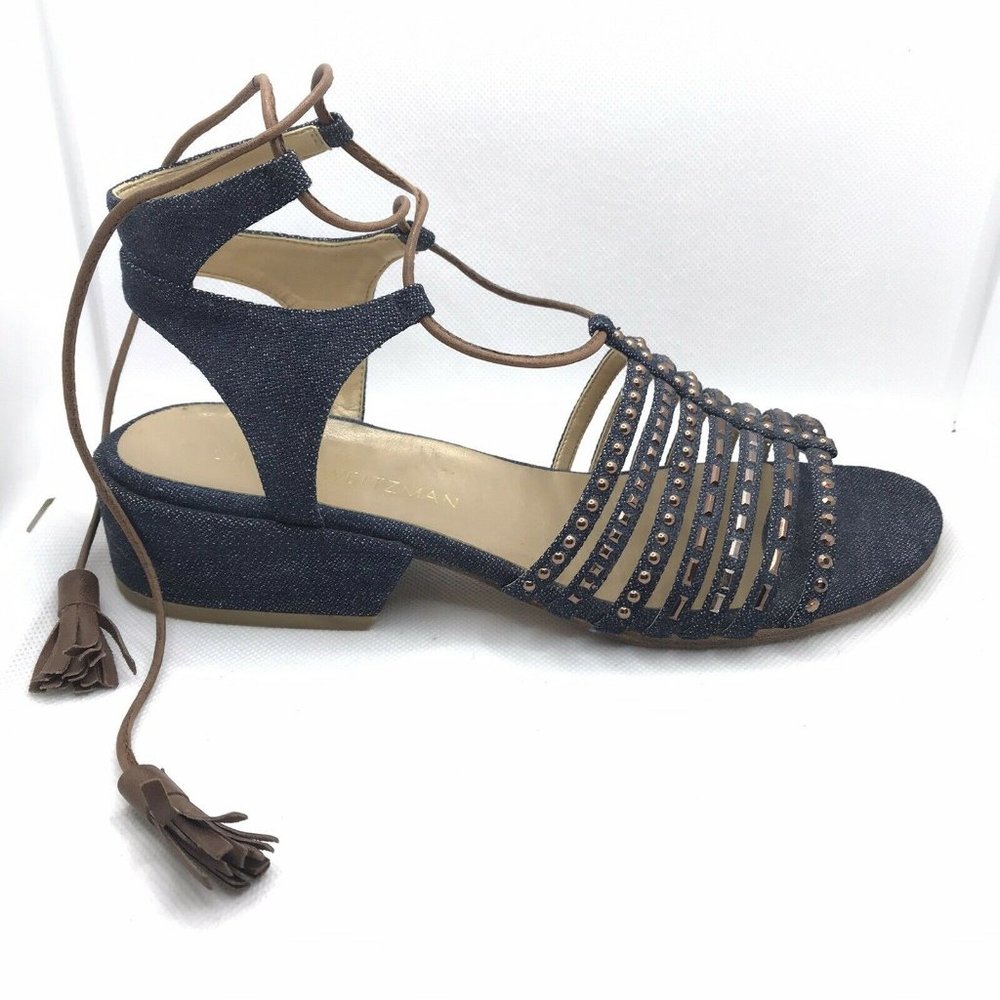 Stuart Weitzman Sandals Ankle Leather Laceup Denim